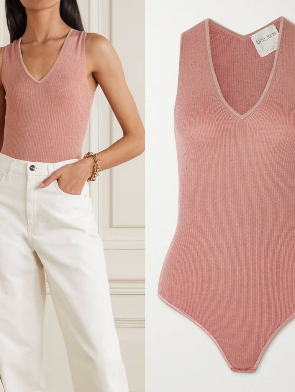 Forte Forte Wool knit Ribbed metallic Rose Pink V-Neck Bodysuit